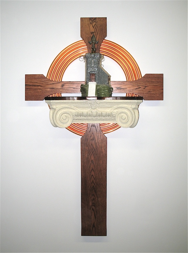 Red oak wood, white oak wood, fiberglass, copper tube, pine wood, epoxy, plaster, found iron piece, stained glass, redwood, barbed wire, .44 Magnum bullet, chain, lock and key.  40" H x 64" W x 13" D (2010)